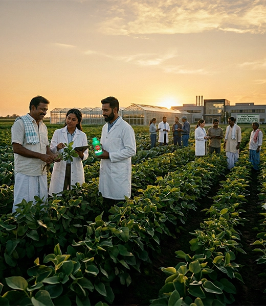 Agricultural scientists consulting with a farmer in a crop field